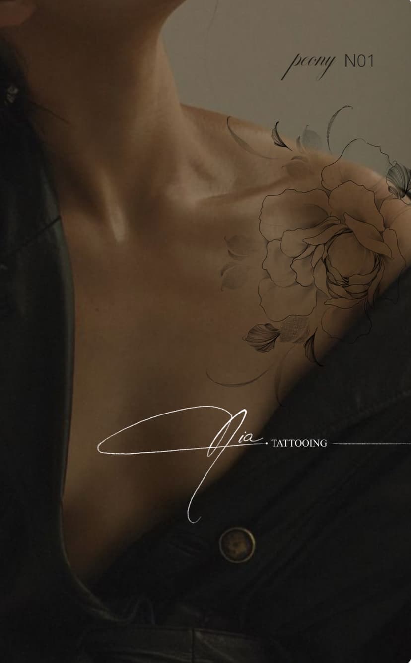 Peony N01 — fine line peony tattoo · Nia Tattooing