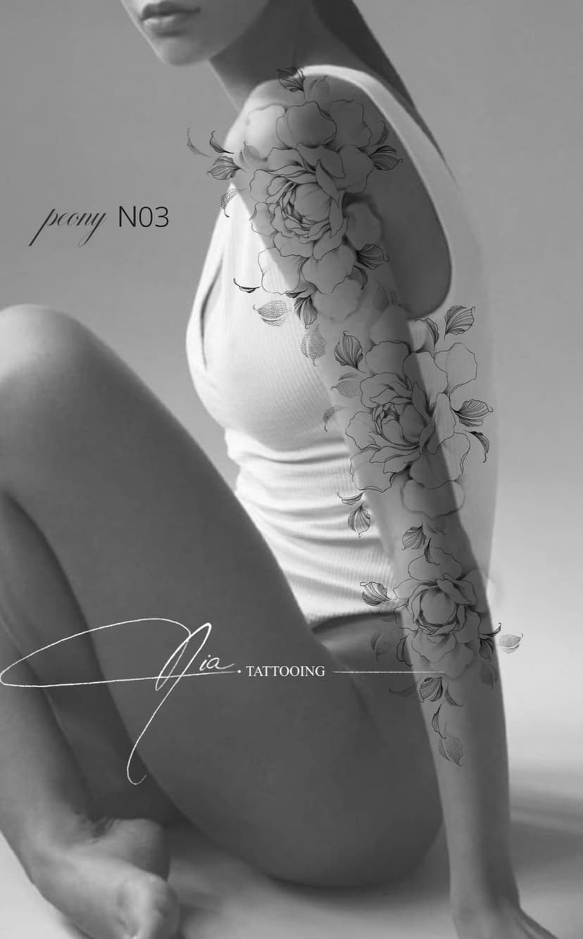 Peony N03 — fine line peony sleeve · Nia Tattooing