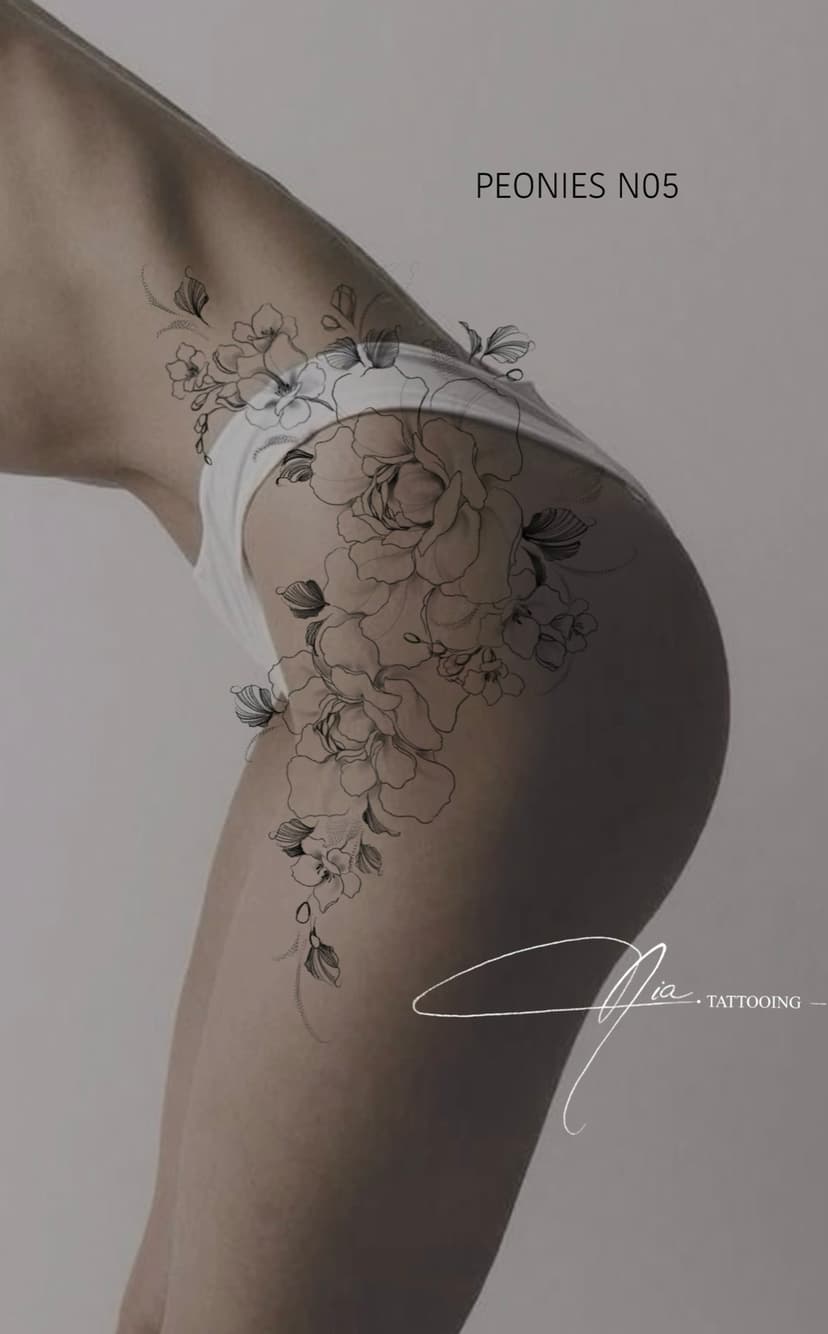 Peonies N05 — fine line peony tattoo · Nia Tattooing