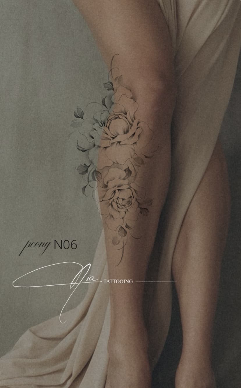 Peony N06 — fine line peony · Nia Tattooing
