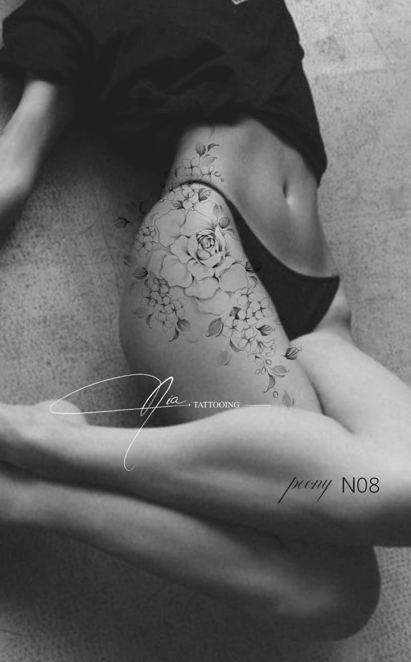 Peony N08 — fine line peony on hip · Nia Tattooing