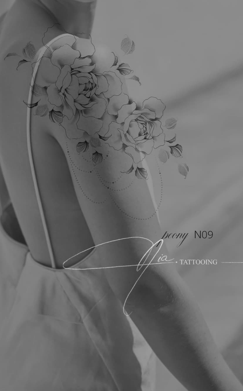 Peony N09 — fine line peony on shoulder · Nia Tattooing